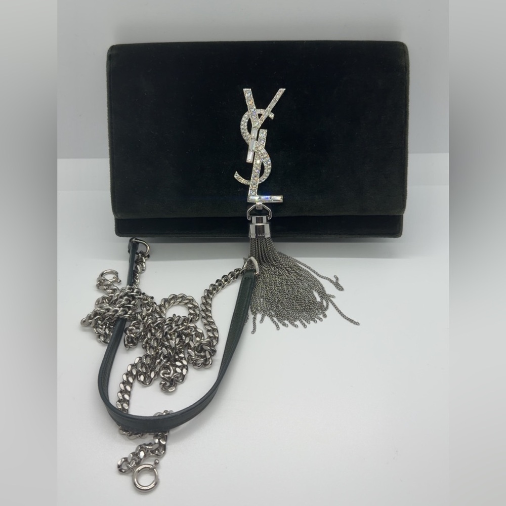 Yves Saint Laurent Dark Green Crystal Monogram Kate Tassel Clutch - Picture 3 of 7